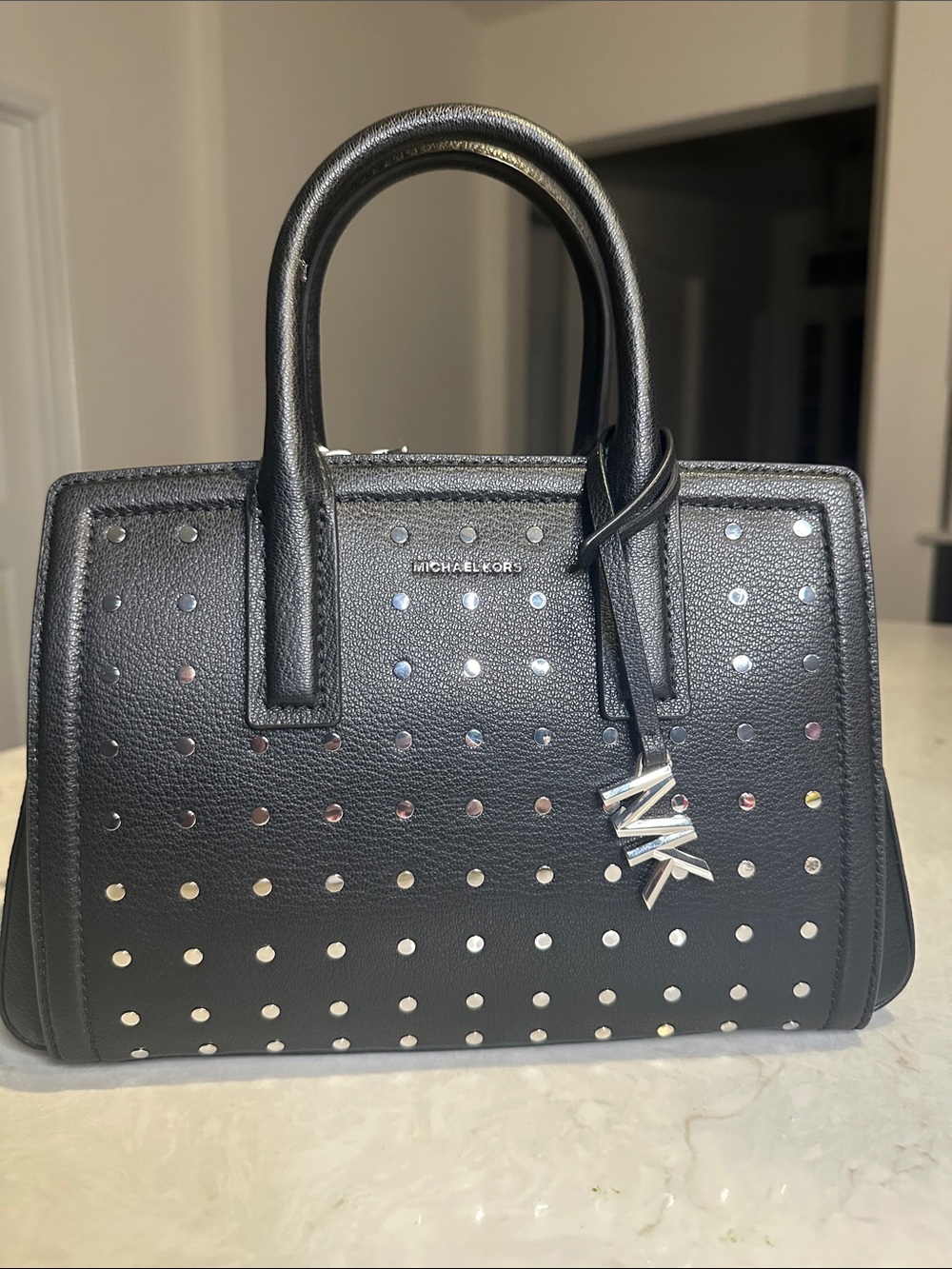 Michael Kors Black Studded Leather Laila Satchel with MK Charm NEW!